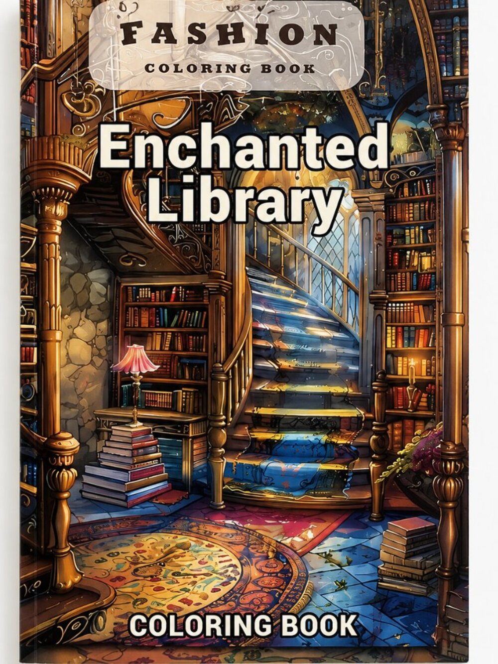 Enchanted Library Coloring Book A4 Fantasy Bookshelves Staircases 22 Pages